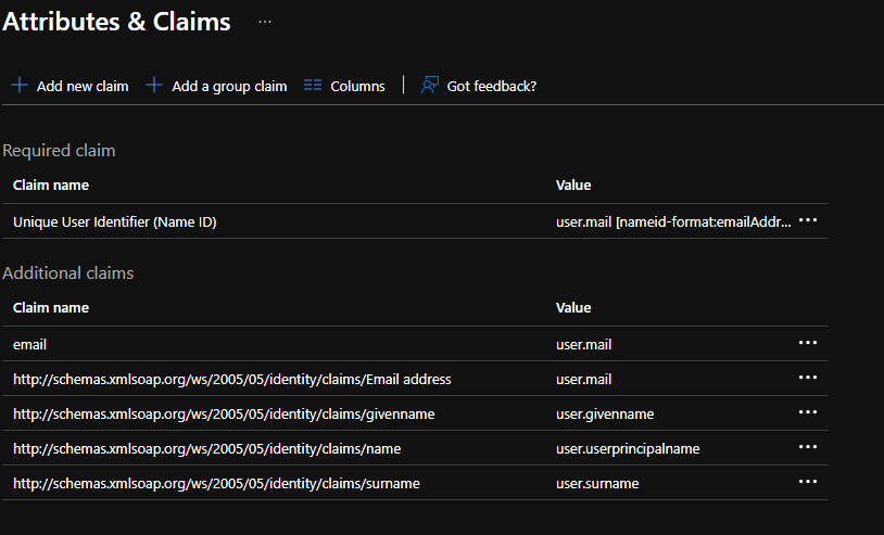 Azure attributes and claims screen Azure attributes and claims screen