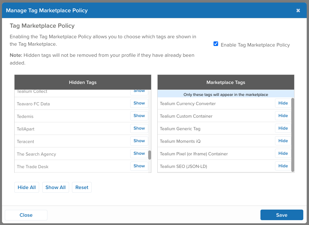 Manage Tag Marketplace Policy