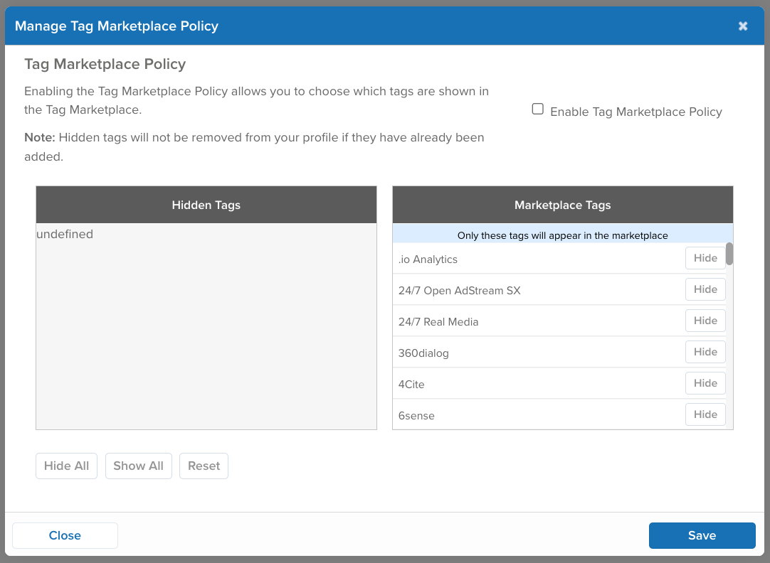 Manage Tag Marketplace Policy